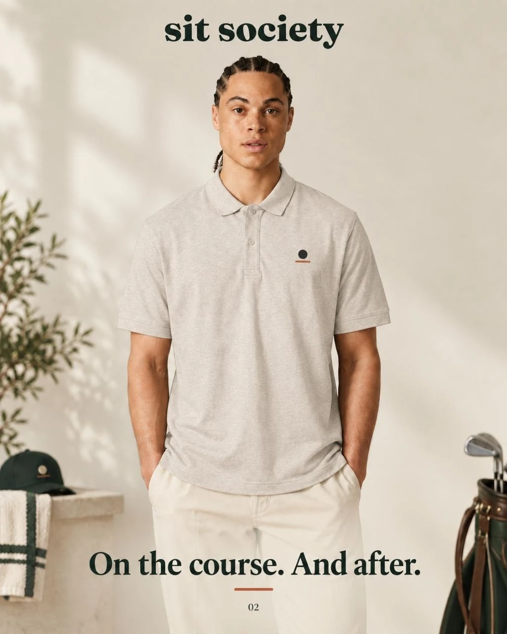AI-generated sit society polo campaign preview; not a photograph of the final product